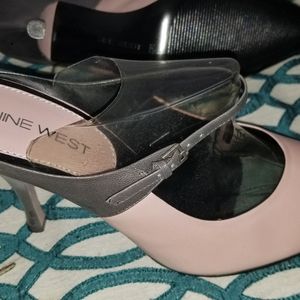 Women's 8.5 Pink/Gray Slip on Backless Heels
